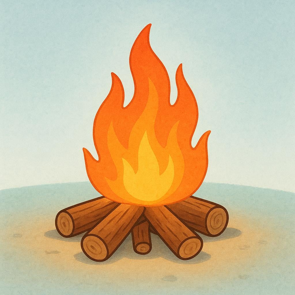 A small pile of wooden sticks is on fire, generating bright orange and yellow flames in a high quality simple colorful storybook illustration.