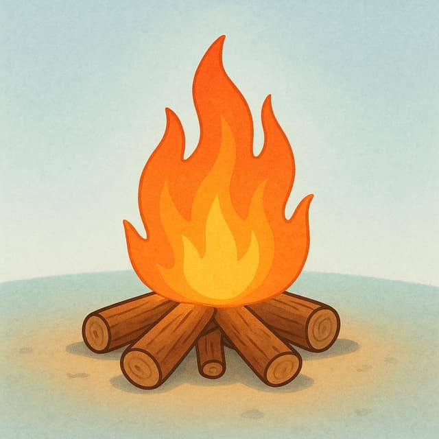 A small pile of wooden sticks is on fire, generating bright orange and yellow flames in a high quality simple colorful storybook illustration.