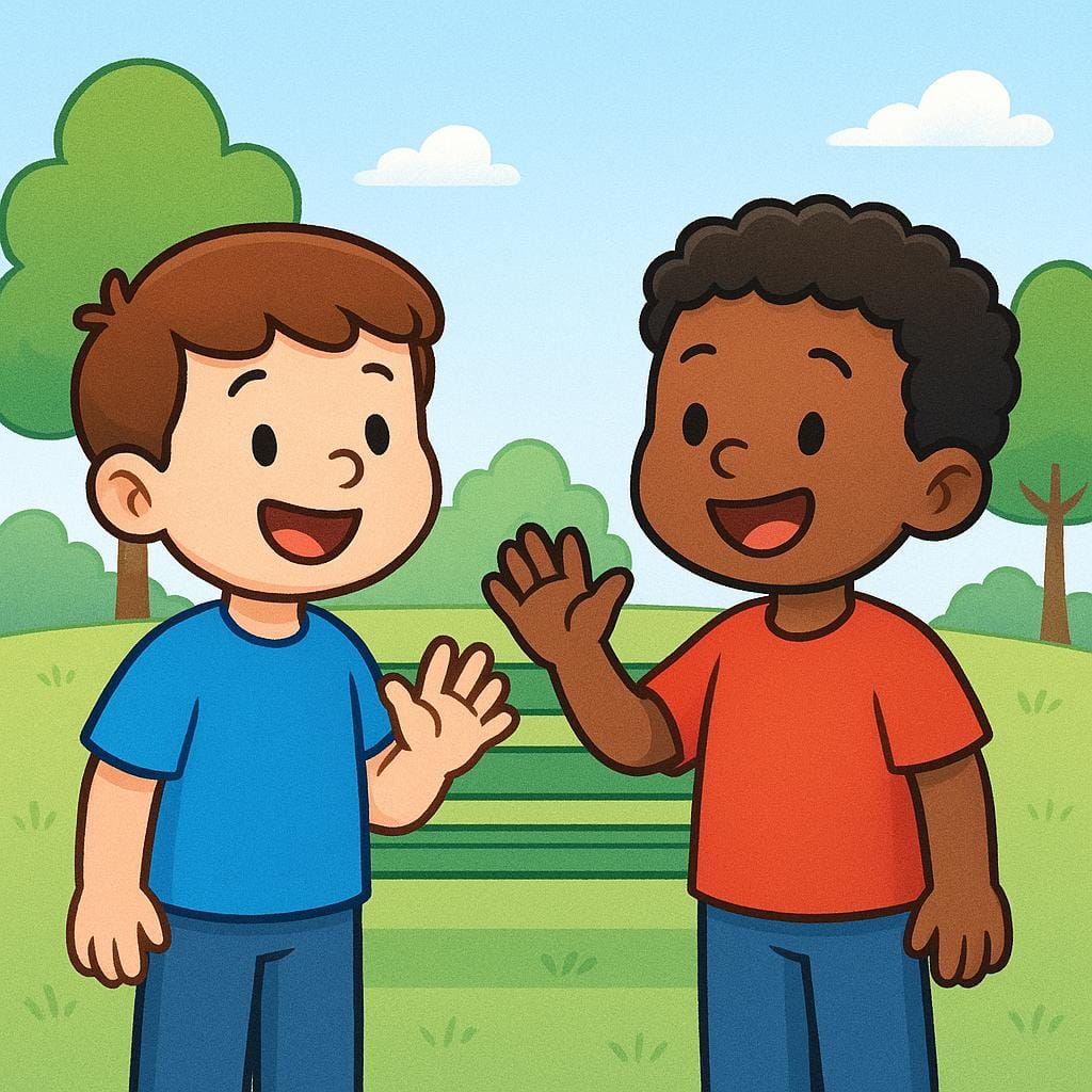 公園で手を振っている陽気な二人の友人。約束の会合を意味している。