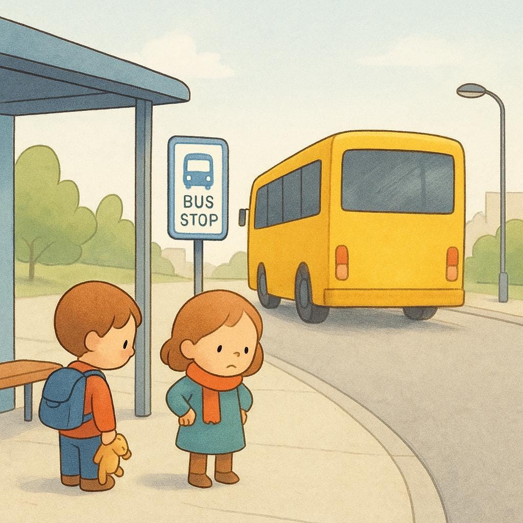 Een illustratie van twee mensen die gefrustreerd bij een bushalte staan, net nadat ze de bus hebben zien wegrijden.