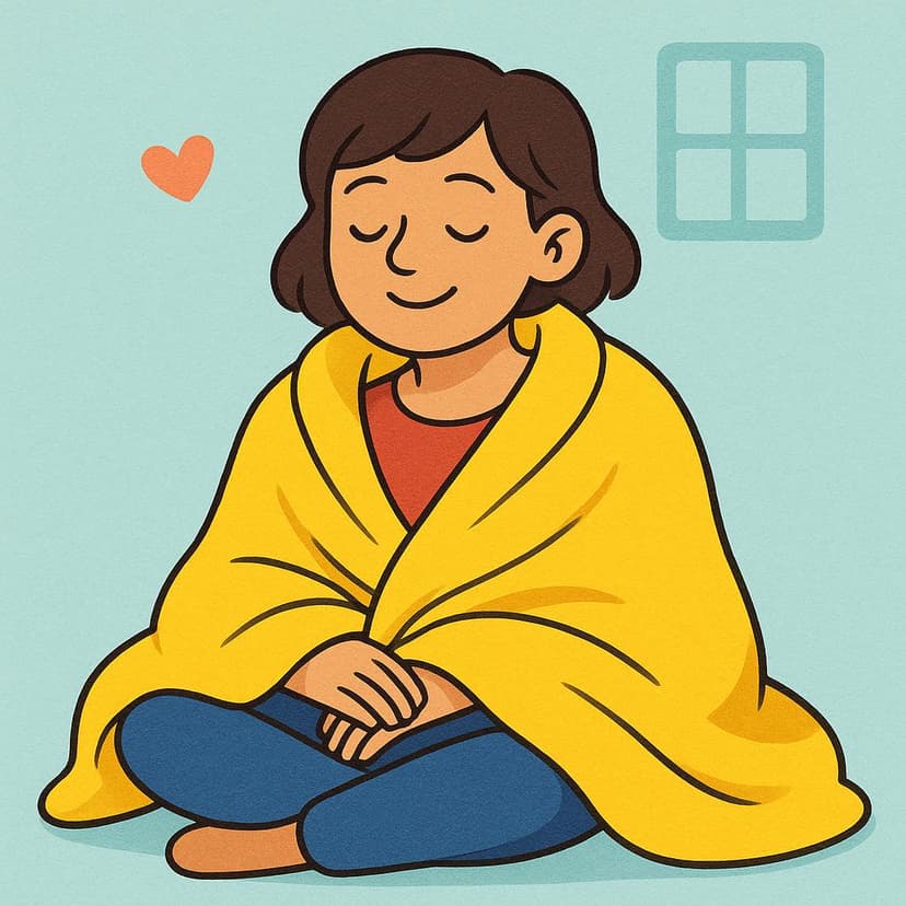 Eine einfache Illustration einer Person, eingewickelt in eine gemütliche, leuchtend bunte Decke, die friedlich mit geschlossenen Augen lächelt, was ein Gefühl von Wärme und Behaglichkeit suggeriert.