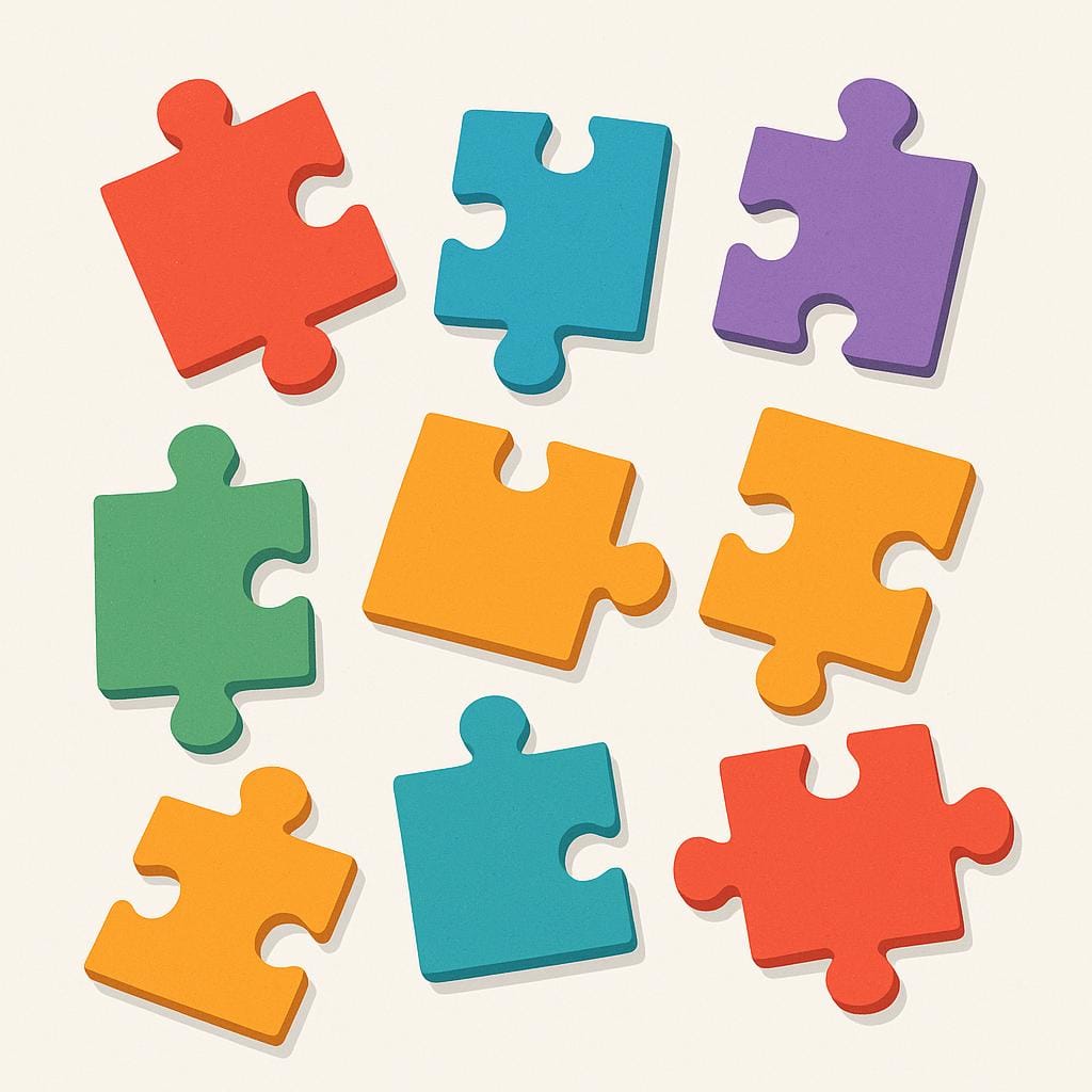 A collection of brightly colored, scattered jigsaw puzzle pieces, representing fragments of a whole.
