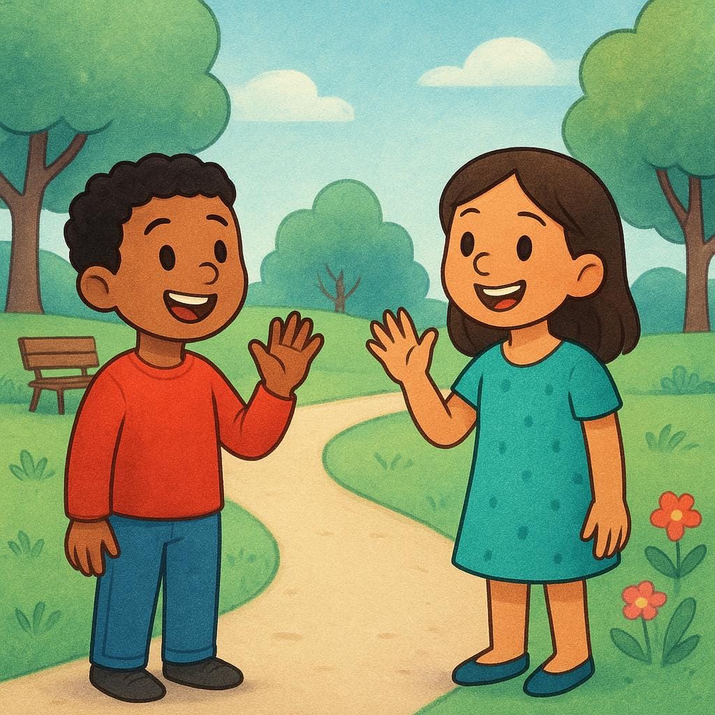 Due persone in piedi su lati opposti di un sentiero, sorridendo e salutandosi direttamente.