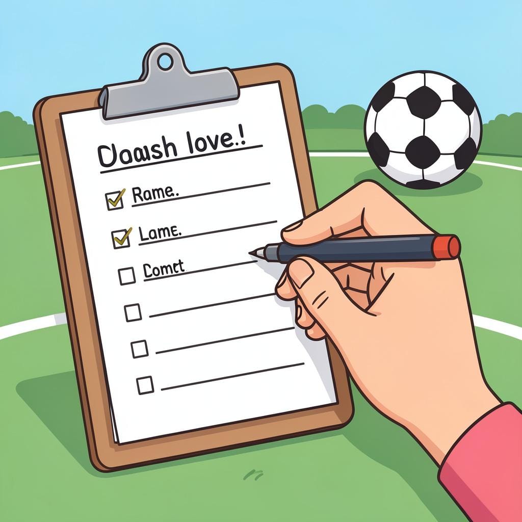 サッカーチームの名簿に自分の名前を記入している人。