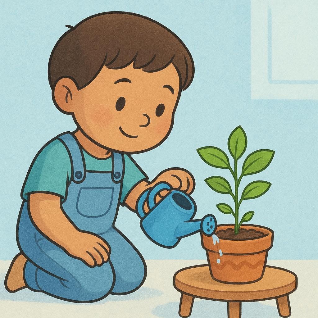 Uma criança segurando cuidadosamente um pequeno regador azul e regando suavemente uma planta vibrante e verde em um vaso em um parapeito de janela iluminado.