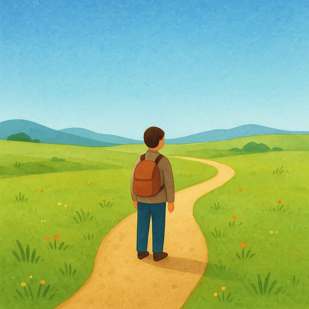 A colorful storybook illustration depicting a solitary person with a small backpack standing on a winding dirt path in a wide, open landscape, representing an undocumented traveler.