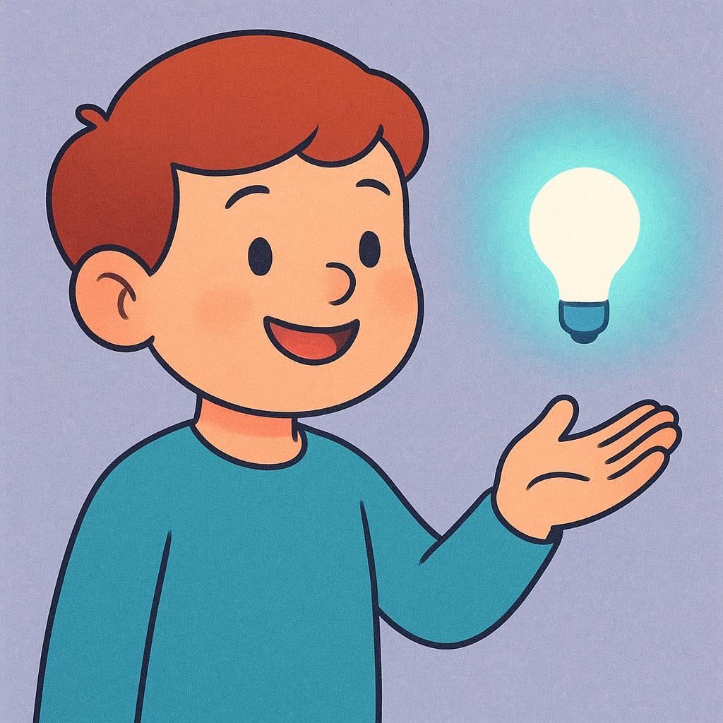 A stylized character profile with a welcoming smile, reaching out a hand towards a small, glowing light representing a new idea.