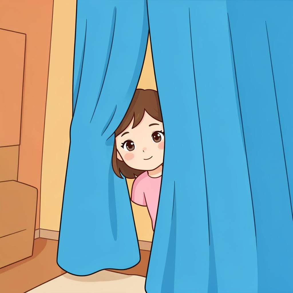 Uma menina com uma expressão gentil se escondendo parcialmente atrás de uma cortina azul brilhante.