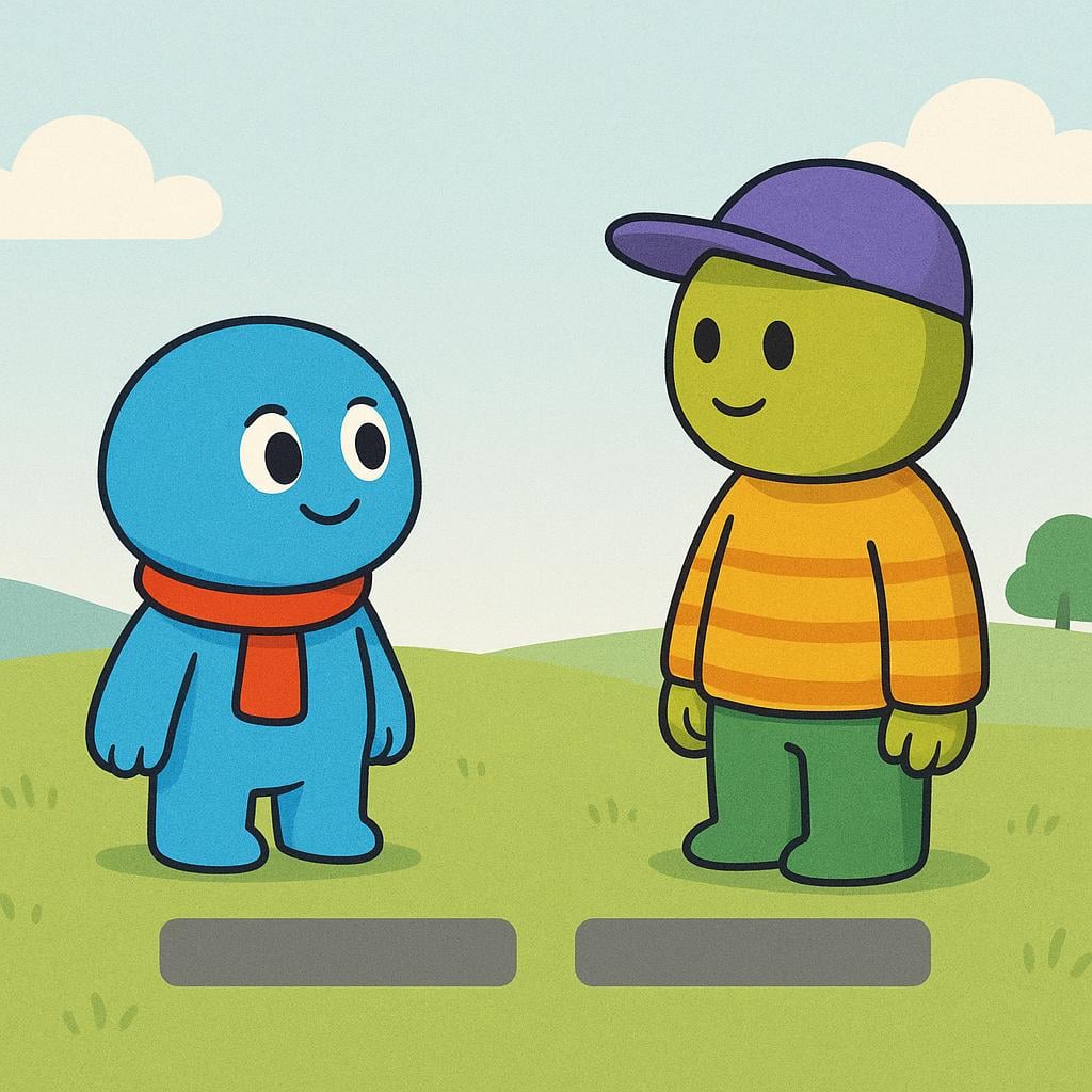 A high quality simple colorful storybook illustration depicting two simple characters in a scene. Across the very bottom of the illustration, two short, thick grey horizontal placeholder bars are visible, visually representing where text subtitles would appear.