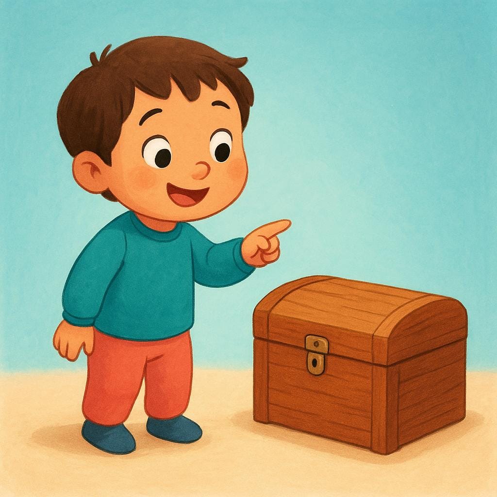 Un bambino piccolo con un'espressione speranzosa che indica una delle due scatole di legno identiche e chiuse sedute su un tavolo, a simboleggiare il fare un'ipotesi.