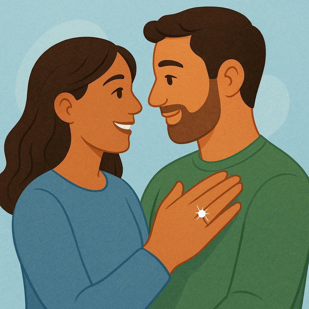 A colorful illustration showing an adult couple embracing, with a prominent engagement ring visible on the woman's left hand, signifying they are fiancés.