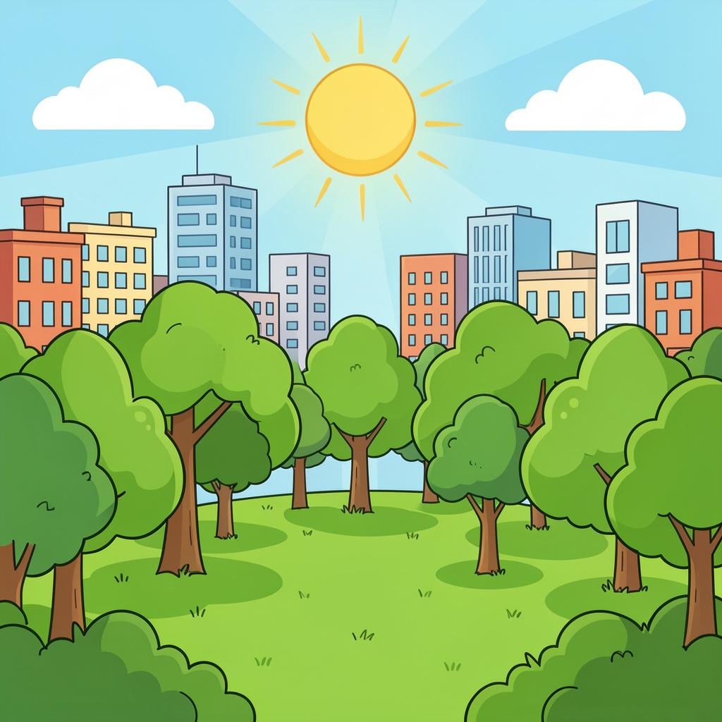 A lush green park with many trees in the middle of a city.