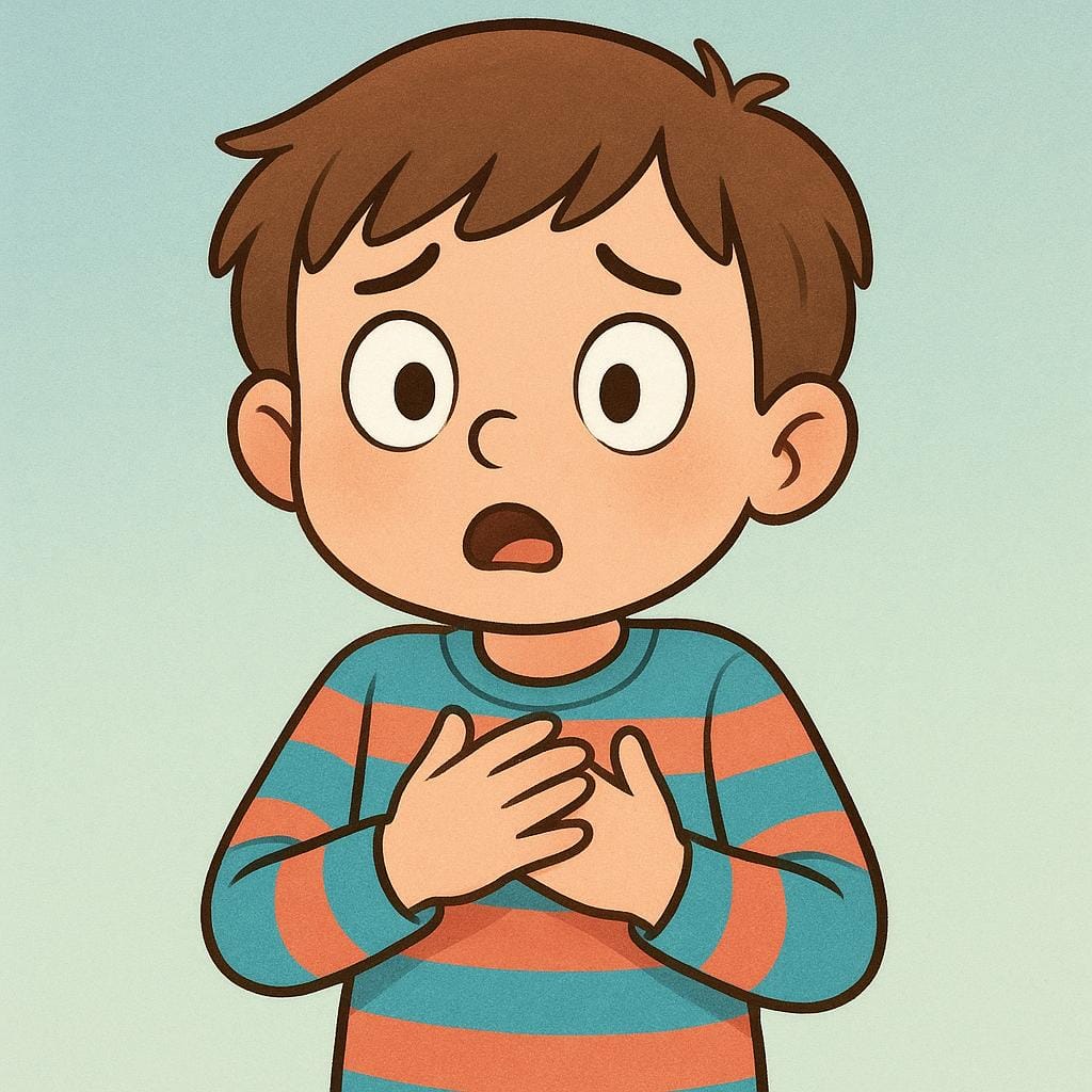 A cartoon drawing of a young child looking very scared, with wide eyes and their hands held up near their chest.