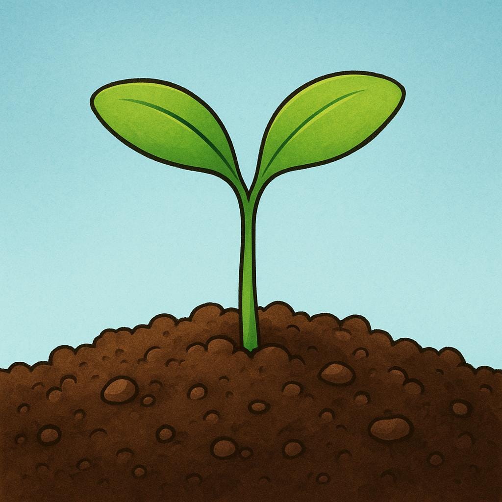 A small green sapling plant pushing up through dark brown soil, illustrating physical growth.