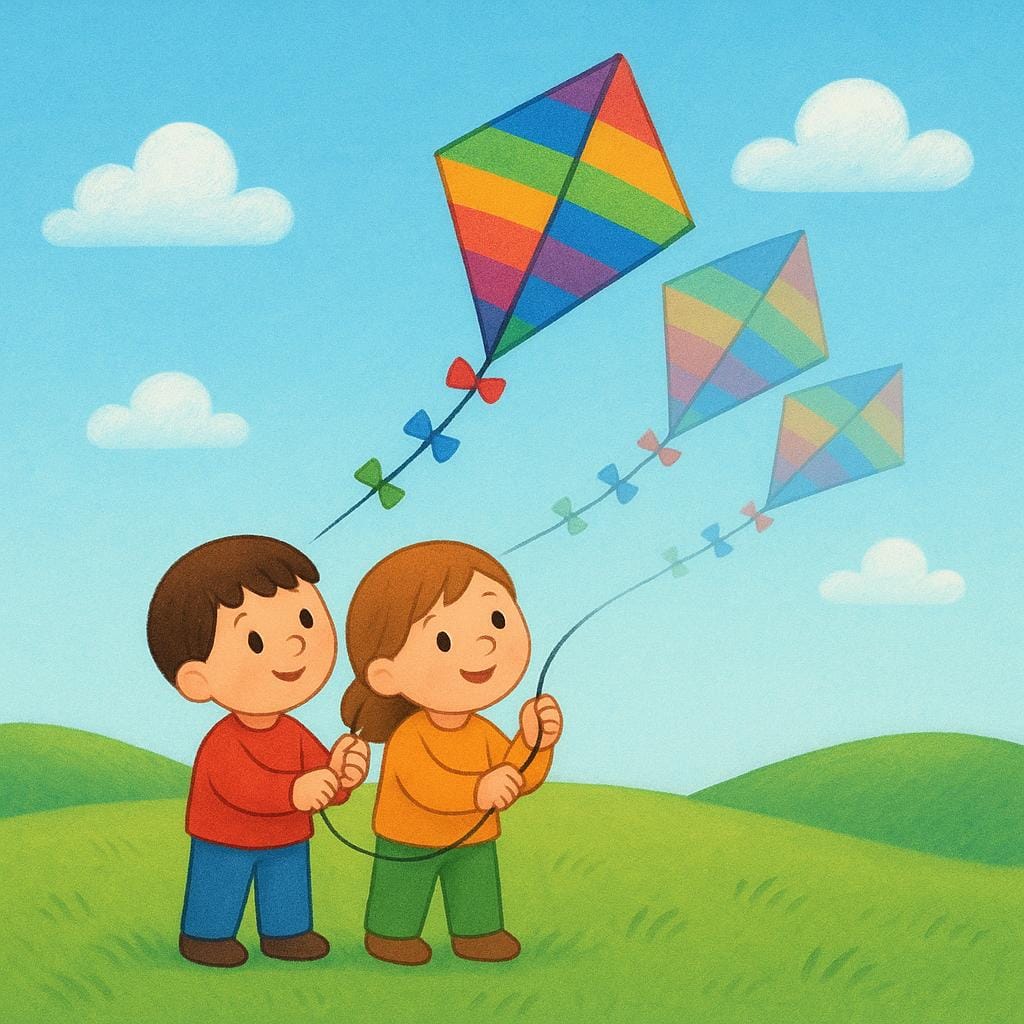 Due piccole figure in piedi in un campo erboso, che tengono entusiasticamente un aquilone e si preparano a lanciarlo di nuovo nel cielo, simboleggiando la ripetizione di un'azione.