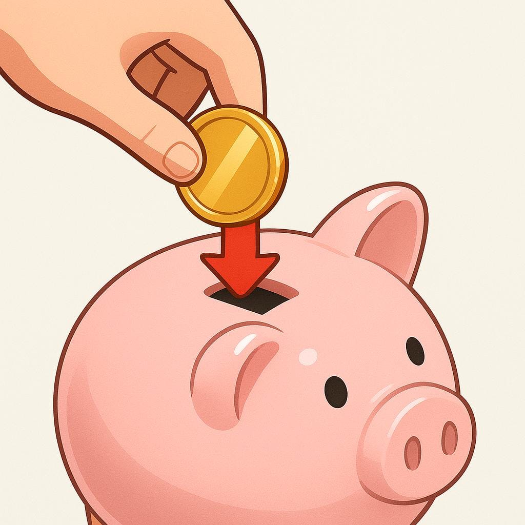 A colorful storybook illustration showing a hand dropping a coin into the slot of a ceramic piggy bank, with a stylized red arrow pointing down, symbolizing a financial charge or debit.