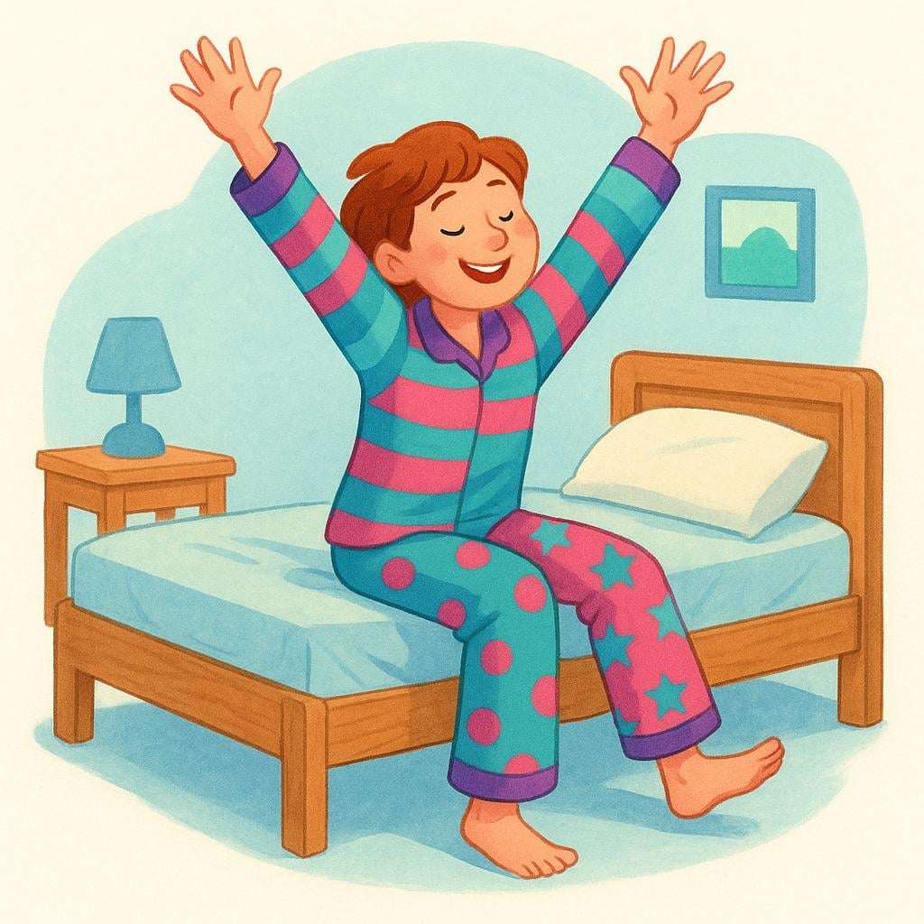 A young person sitting on the edge of a simple bed, stretching their arms high above their head, symbolizing the act of waking up and getting out of bed.