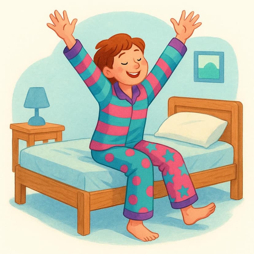 A young person sitting on the edge of a simple bed, stretching their arms high above their head, symbolizing the act of waking up and getting out of bed.