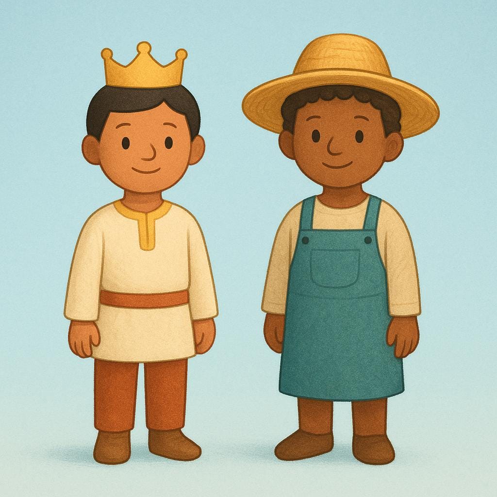 Twee gestileerde figuren die naast elkaar staan; de één draagt een kleine gouden kroon, en de ander een eenvoudige strooien hoed, wat verschillende sociale rangen of posities symboliseert.