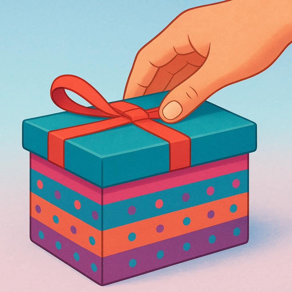 A close-up illustration of a hand lifting the lid off a vibrant, wrapped gift box, showing the action of opening.