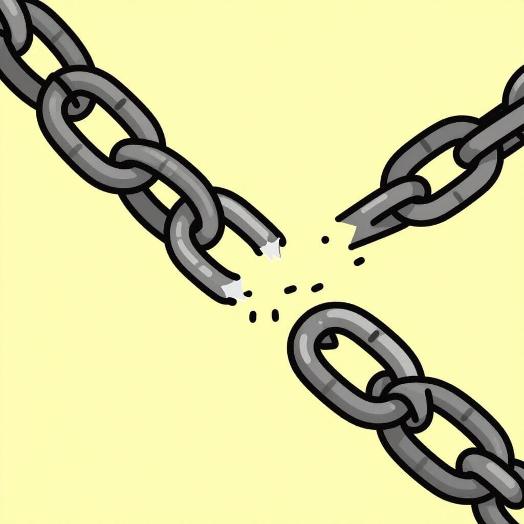 A heavy metal chain with one link broken open and falling away.