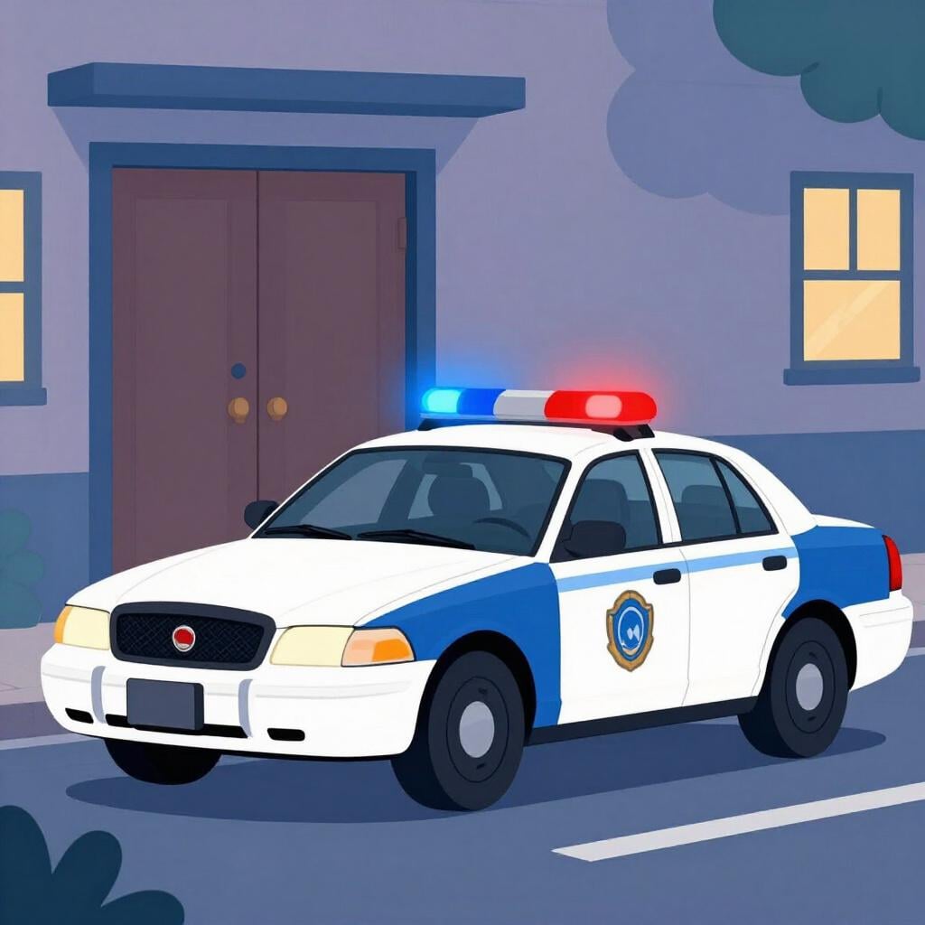 A police car with flashing blue and red lights parked in front of a building entrance at night.