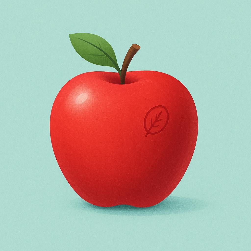 A shiny red apple with a simple, stylized leaf symbol stamped clearly on its side, representing a corporate brand logo.