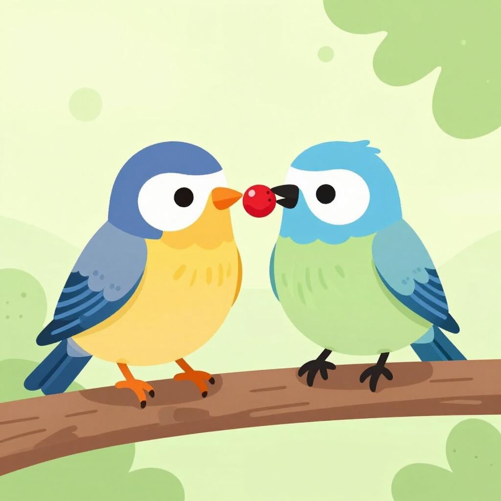 Two birds sitting together on a single branch sharing a small berry.
