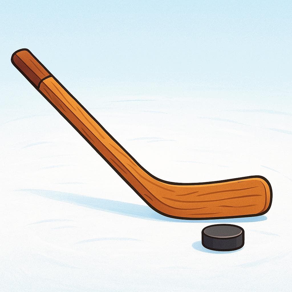 Un bâton de hockey sur glace en bois reposant sur de la glace blanche à côté d'un palet noir.