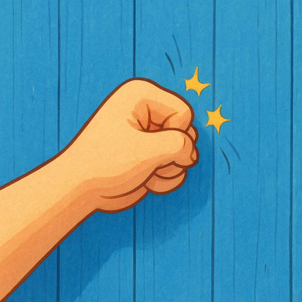 A close-up view of a hand with a closed fist knocking on a wooden door.