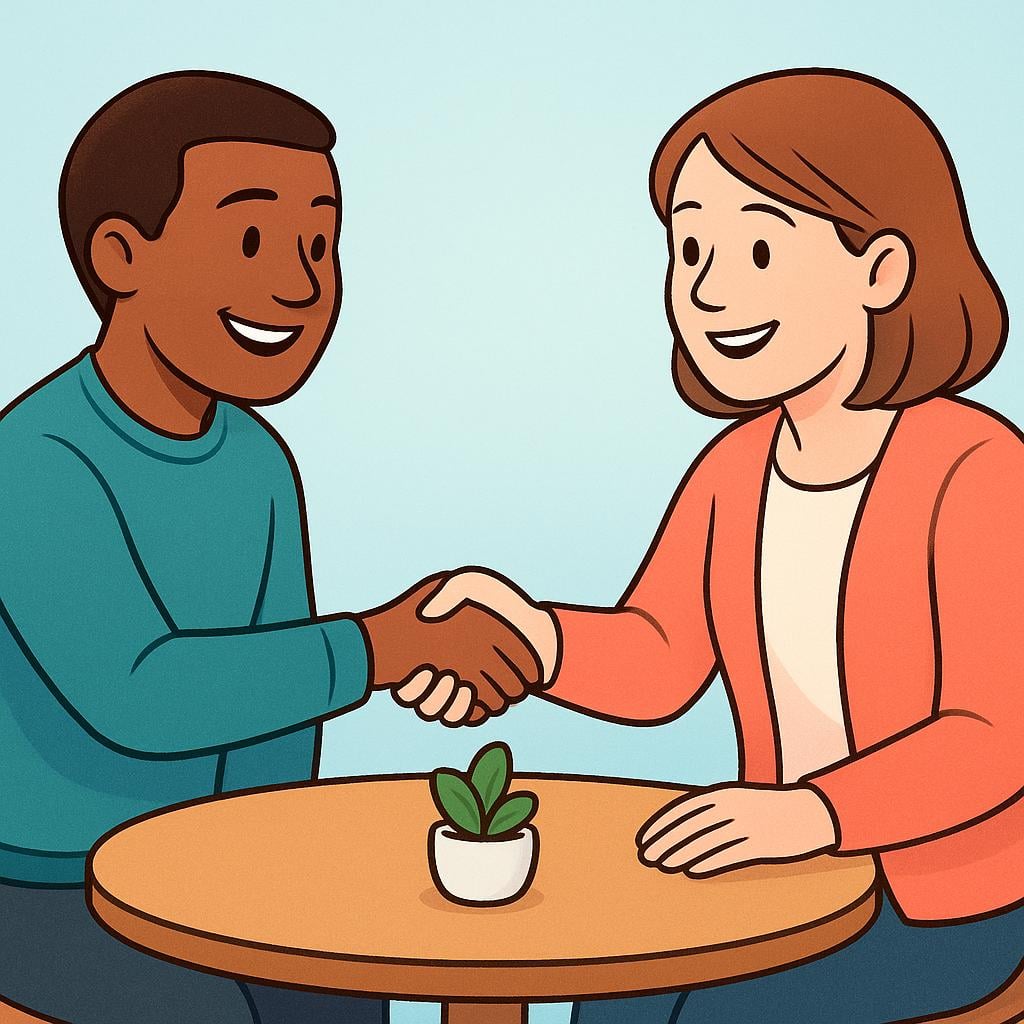 Two friendly cartoon characters smiling and shaking hands to finalize an agreement or plan.
