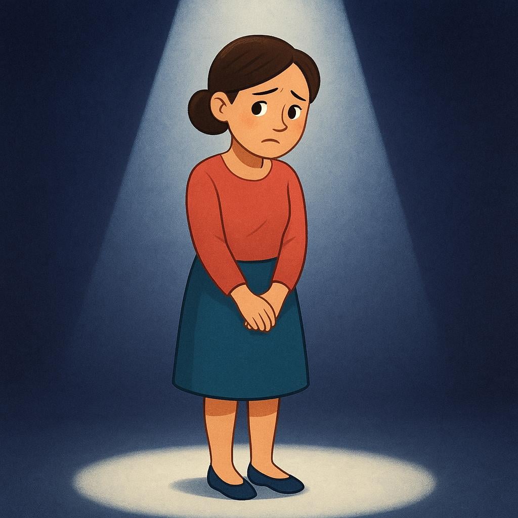 A woman standing in a bright spotlight in a dark room, looking nervous and glancing to the side.