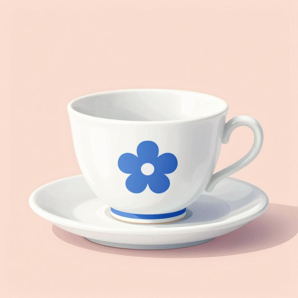 A delicate white porcelain teacup and saucer with a faint blue floral pattern on a clean surface.
