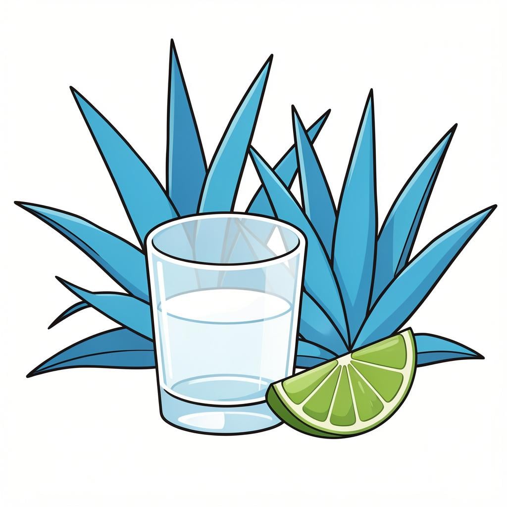 A small glass of clear liquid next to a slice of lime and a whole agave plant on a simple wooden surface.