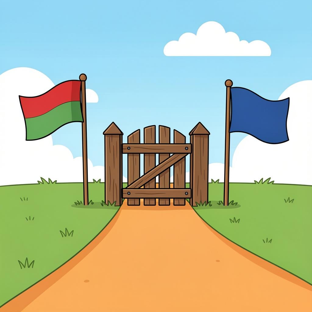 A row of colorful flags and a small gate between two different colored paths representing a border.