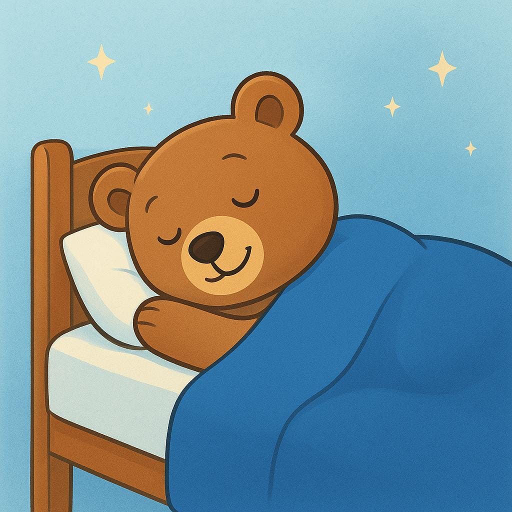 Un ours en dessin animé paisible dormant profondément dans un lit confortable sous une couverture bleue, illustrant l'état d'être endormi.