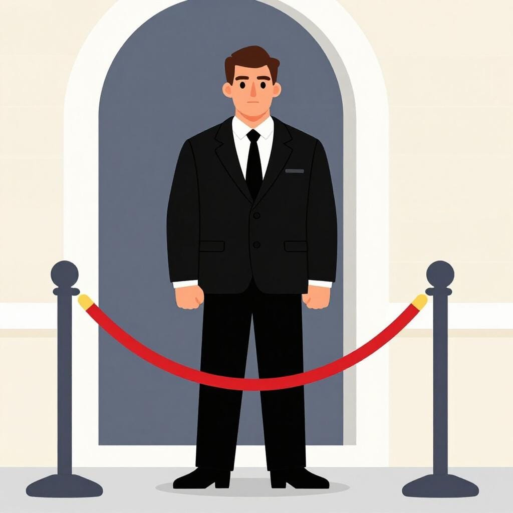 A large, muscular man wearing a black suit standing with his arms crossed in front of a velvet rope.
