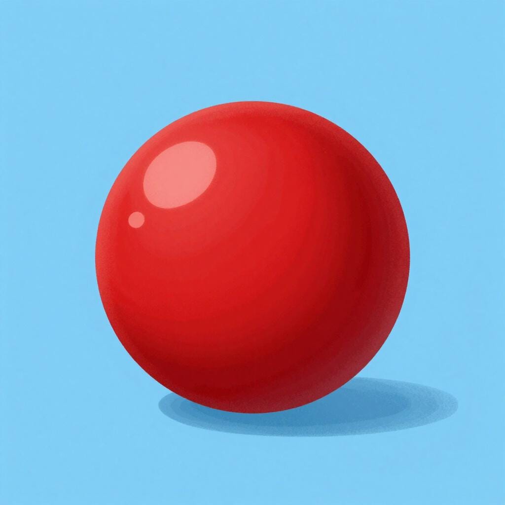 A perfectly round, bright red ball sitting on a simple surface.