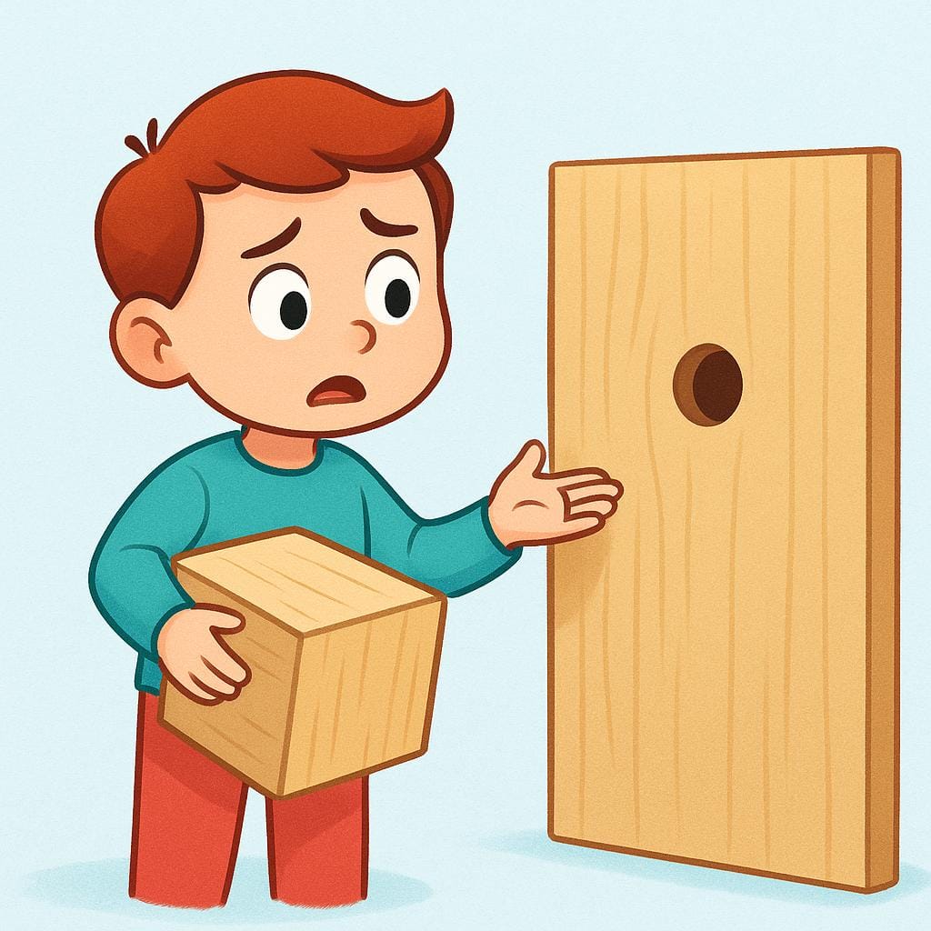 A simple illustration of a person with a very confused expression holding a large square wooden block next to a small round hole, symbolizing a lack of intelligence.