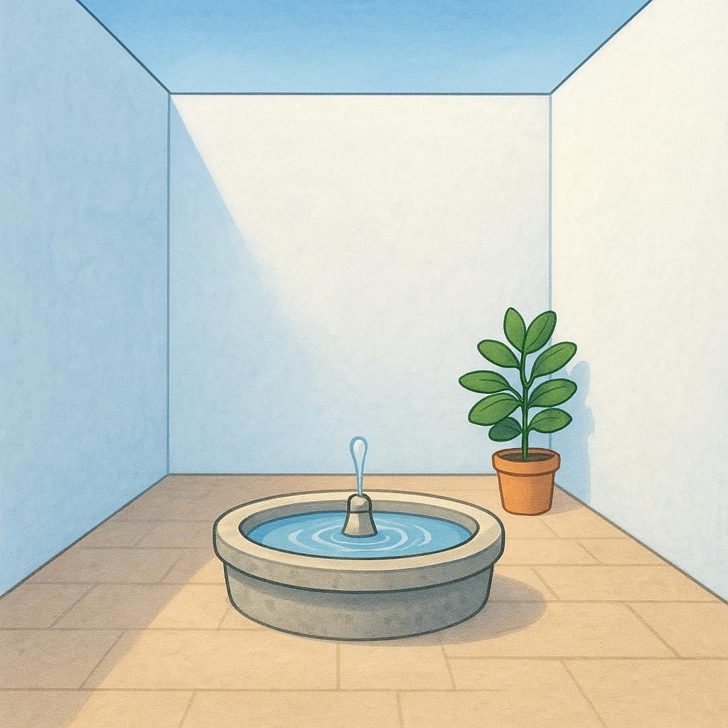 A peaceful, sunlit courtyard surrounded by high, white stucco walls of a house. The center of the open space features a small stone fountain and potted green plants.