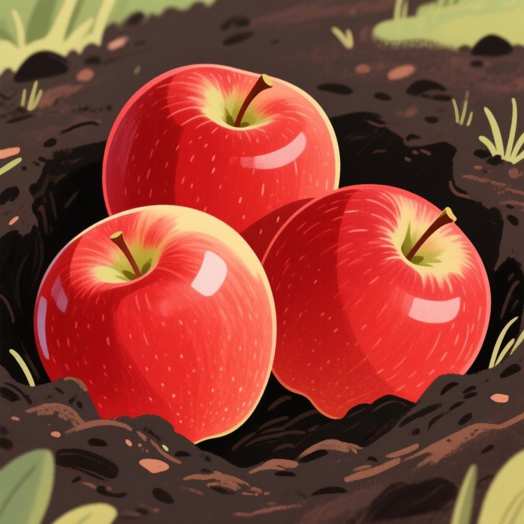 Een gestileerde illustratie met grote, perfecte, rijpe rode appels die direct uit rijke, donkere aarde groeien, wat de producten of resultaten van een proces symboliseert.