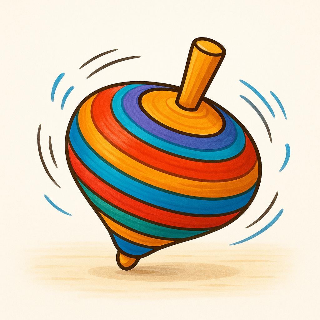 A colorful wooden spinning top actively rotating on a floor, illustrating the action of turning.