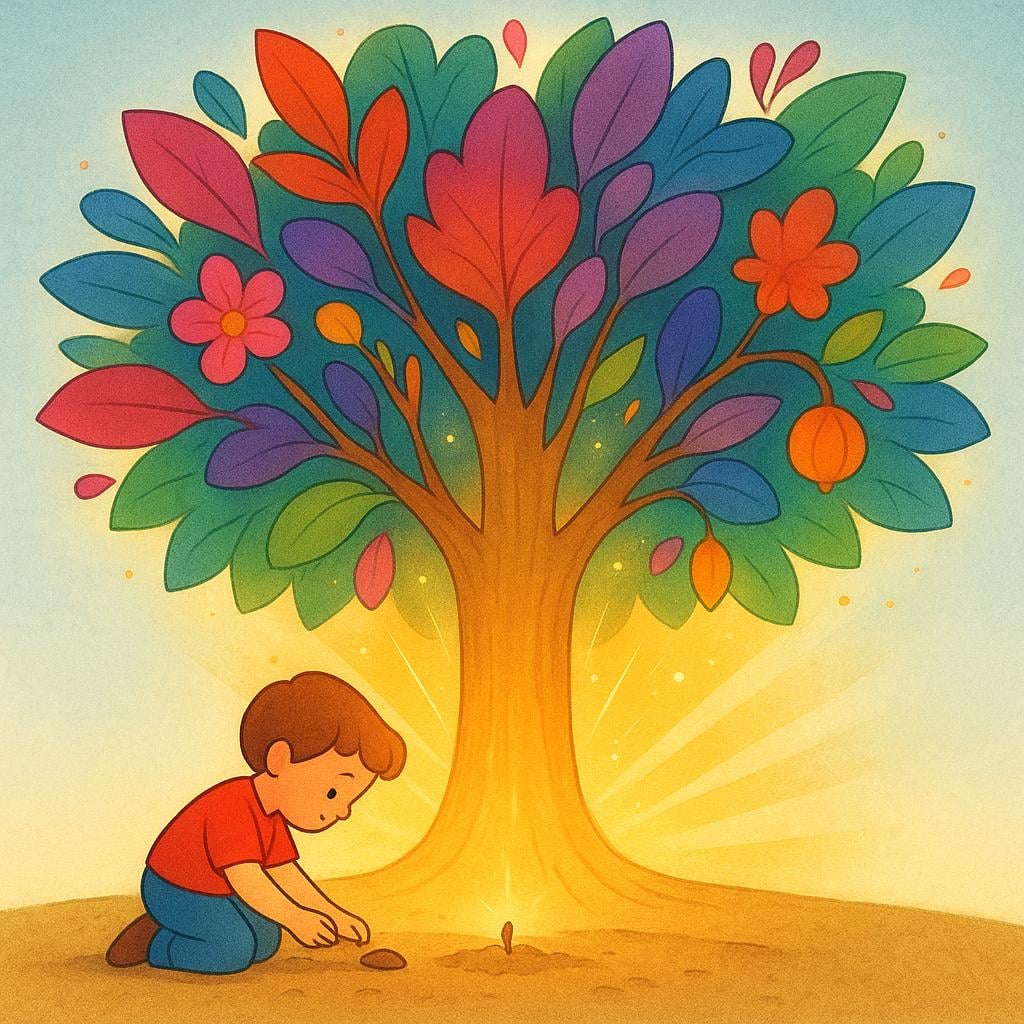 A small figure planting a tiny seed in the ground, which instantly grows into a huge, radiant, colorful tree, symbolizing influence and effect.