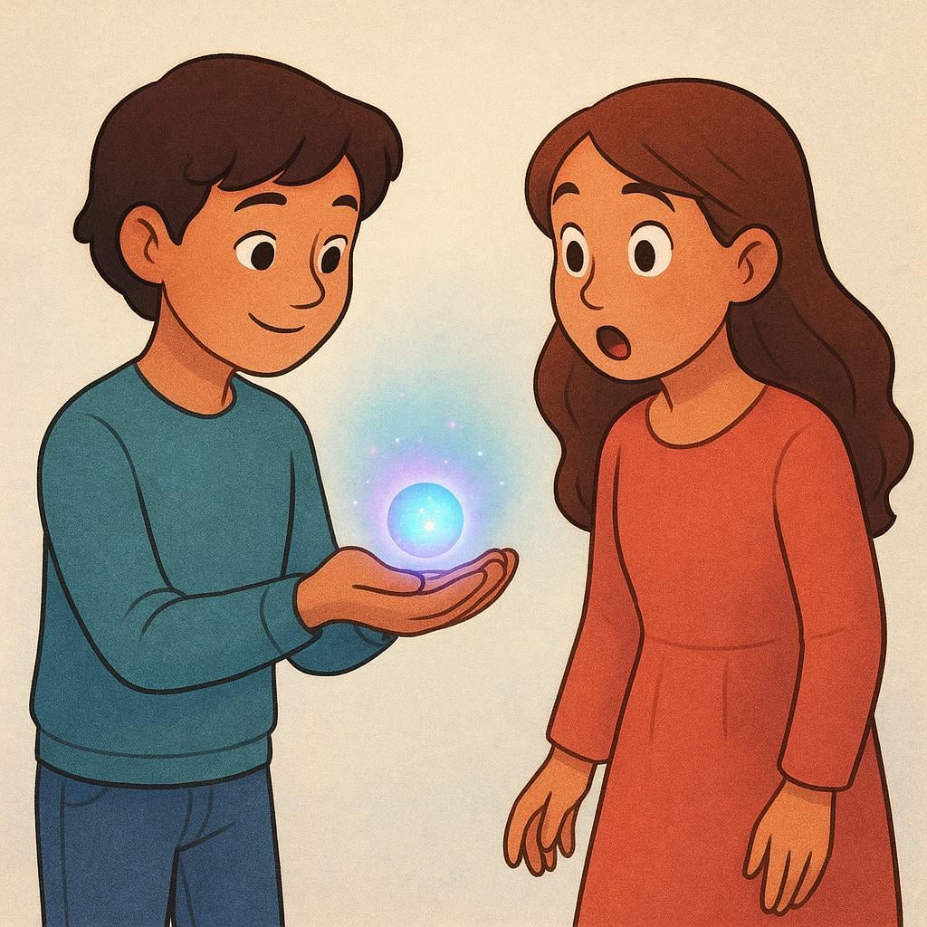 A young person standing and presenting a tiny, brightly glowing, magical sphere held in their hands to a second person. The second person is reacting with wide eyes and an expression of pure astonishment and delight.