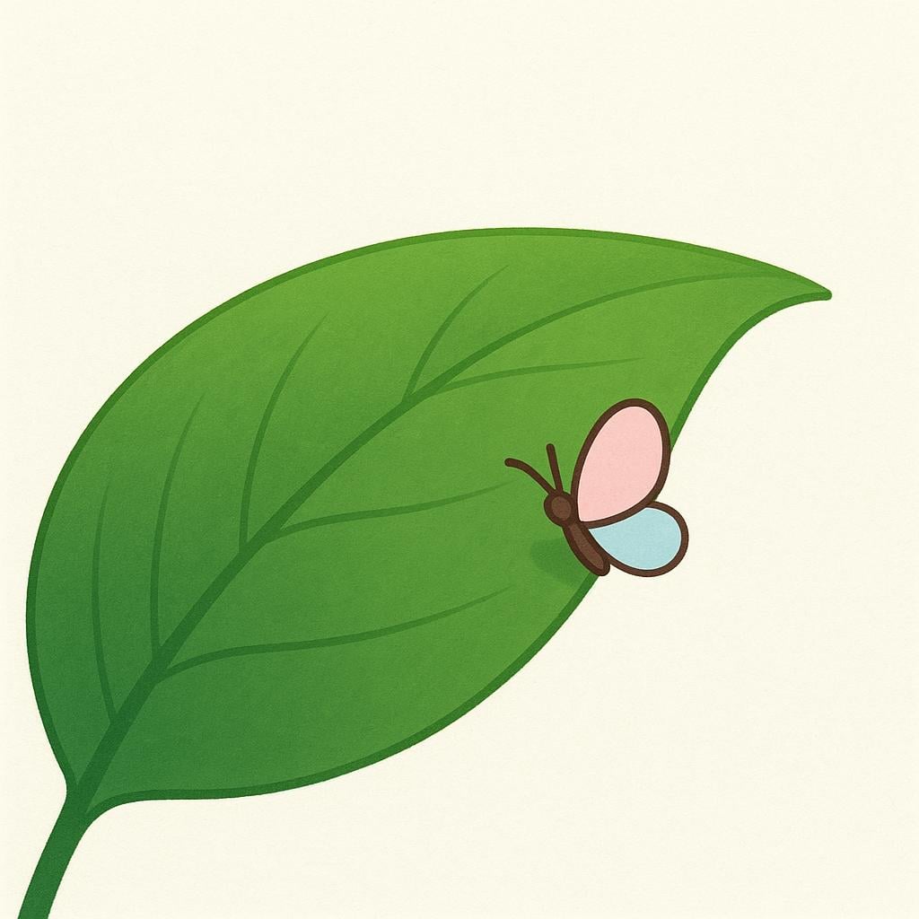 A close-up illustration of a small, colorful butterfly gently brushing against the surface of a large green leaf.