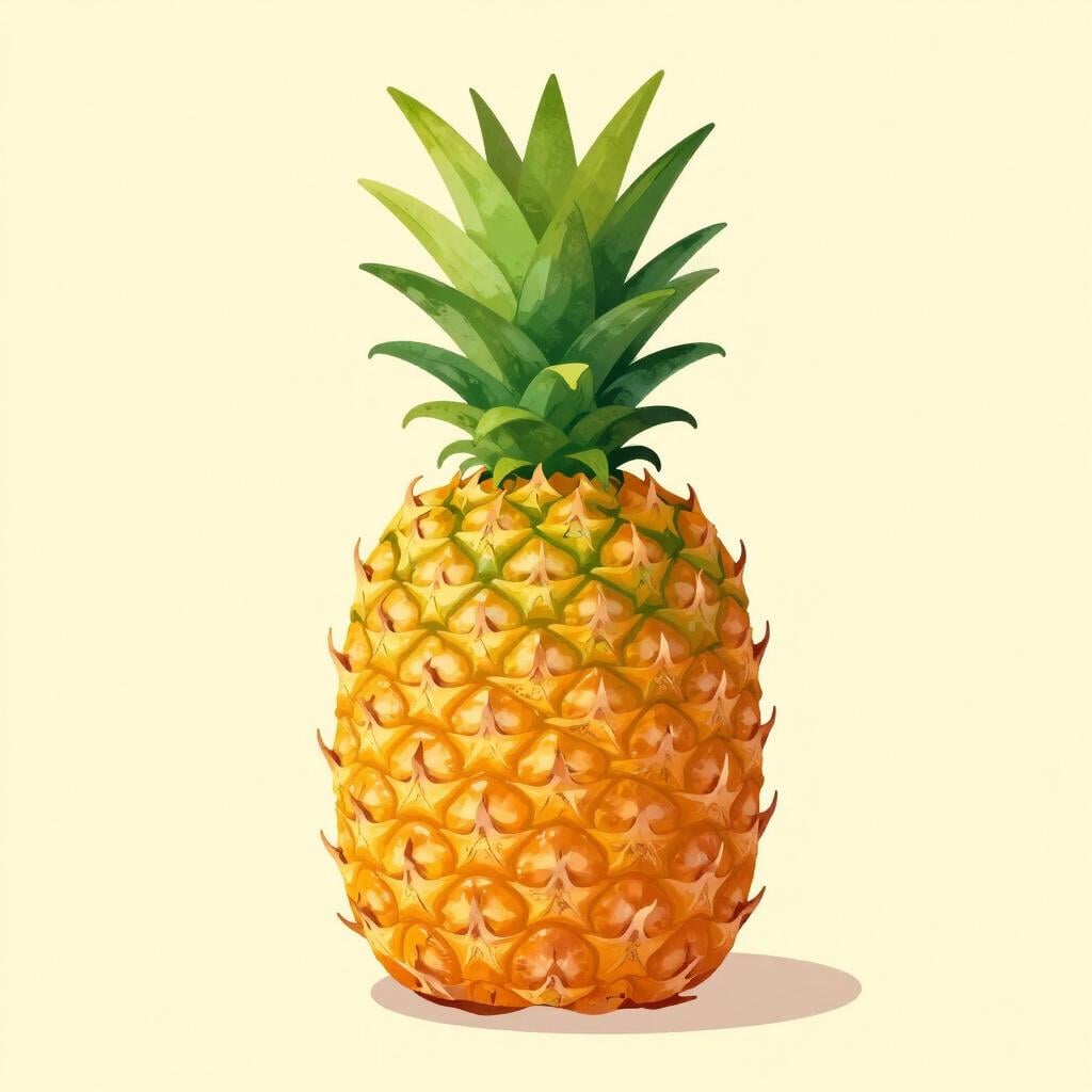 Um abacaxi inteiro com sua coroa verde sobre um fundo amarelo brilhante.