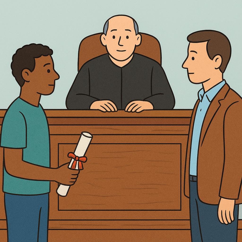 A figure wearing a simple black robe sits behind a large wooden desk, observing two figures standing opposite each other. One figure is holding a rolled-up legal document, symbolizing a lawsuit.