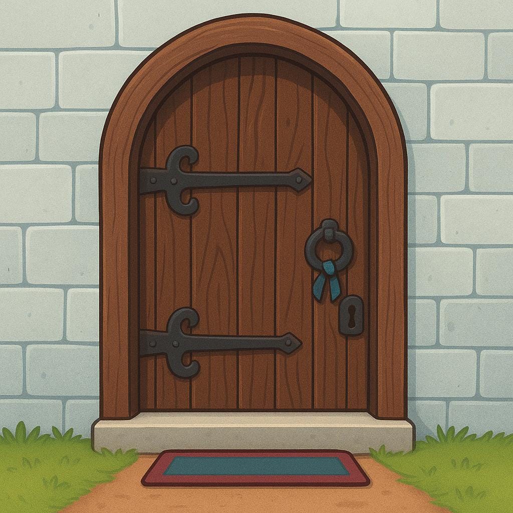 A colorful storybook illustration of a large, inviting main entrance to a building, featuring a heavy wooden door framed by a stone archway.
