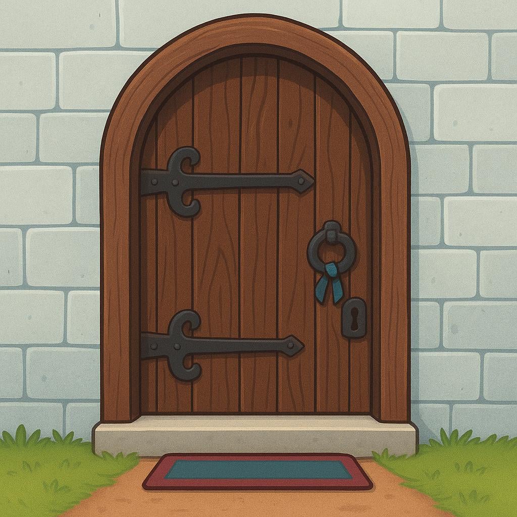 A colorful storybook illustration of a large, inviting main entrance to a building, featuring a heavy wooden door framed by a stone archway.