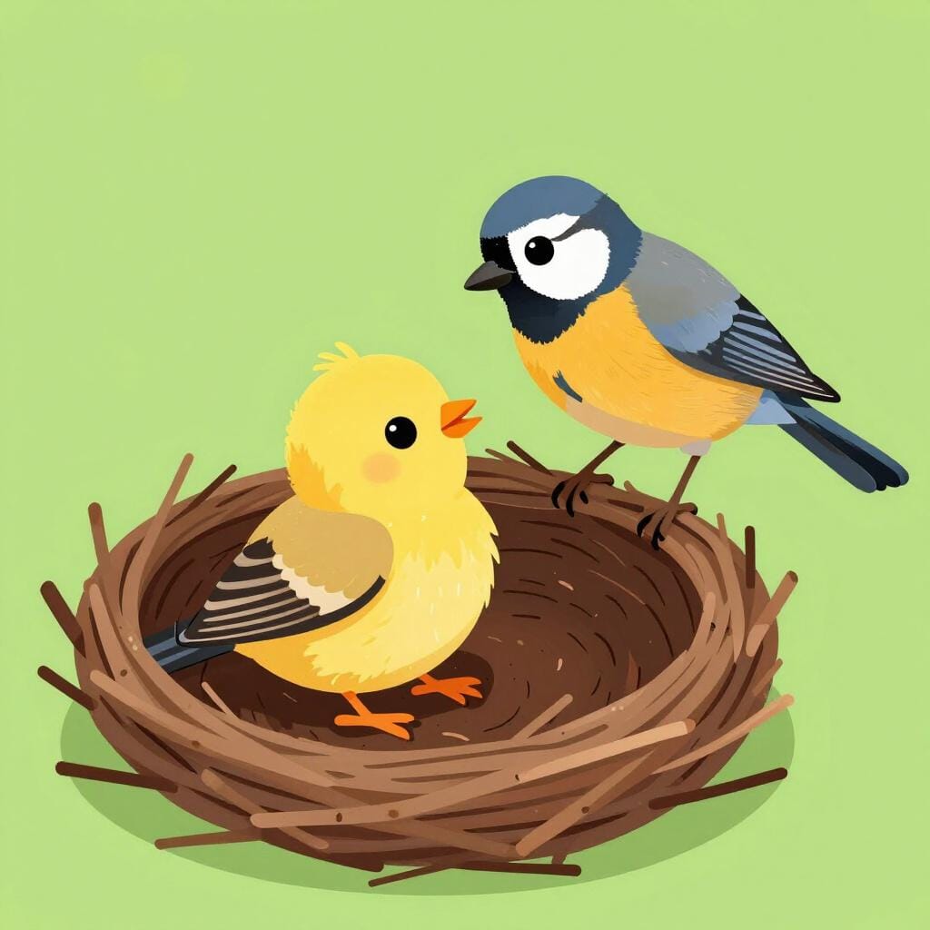 A small bird in a nest opening its mouth to be fed by a parent bird.